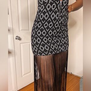 H&M Black and Cream Patterned Midi Dress with Fringe
